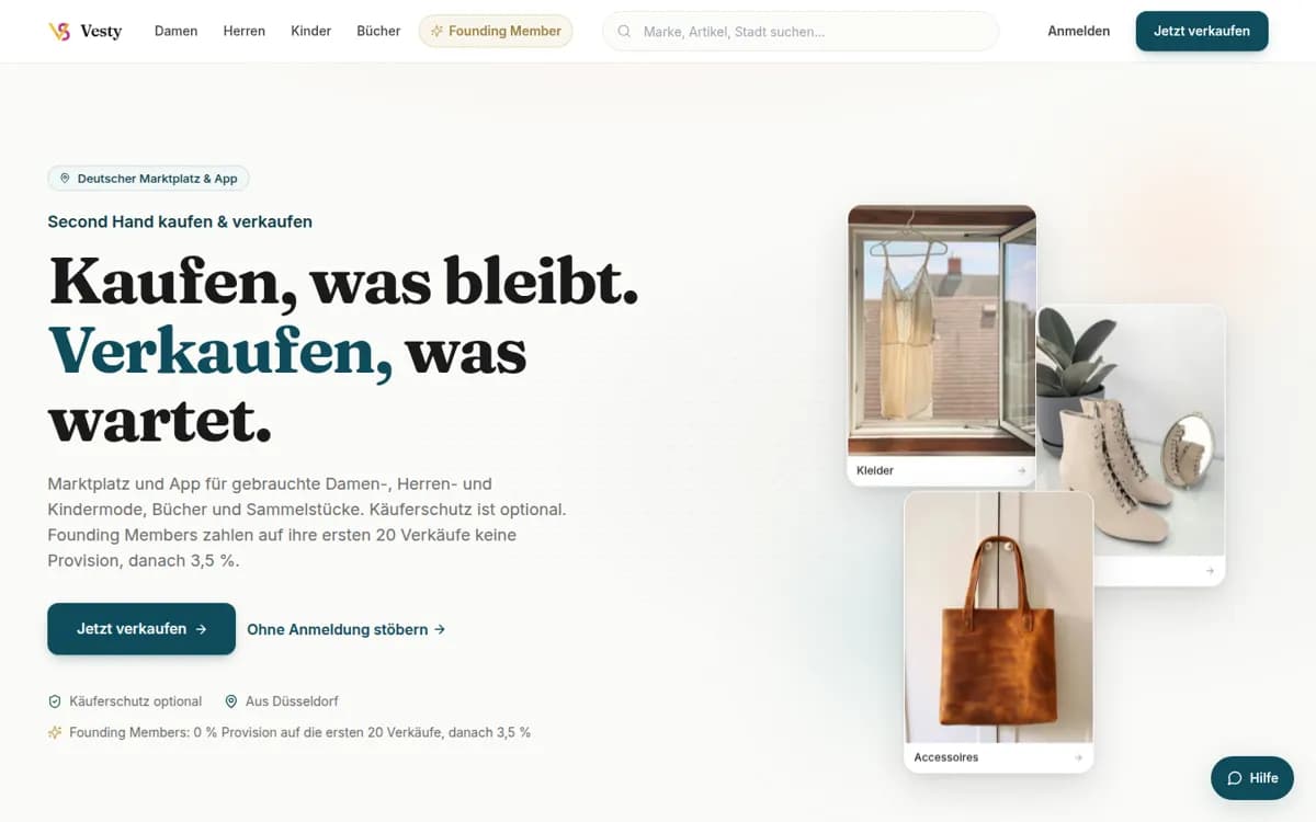 Vesty-Website: Startseite des Second-Hand-Marktplatzes, entwickelt von Rhein Code
