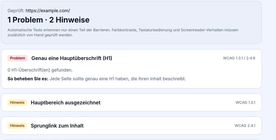 Screenshot des WCAG-Checks: Ergebnis mit Barrierefreiheits-Problemen und Hinweisen