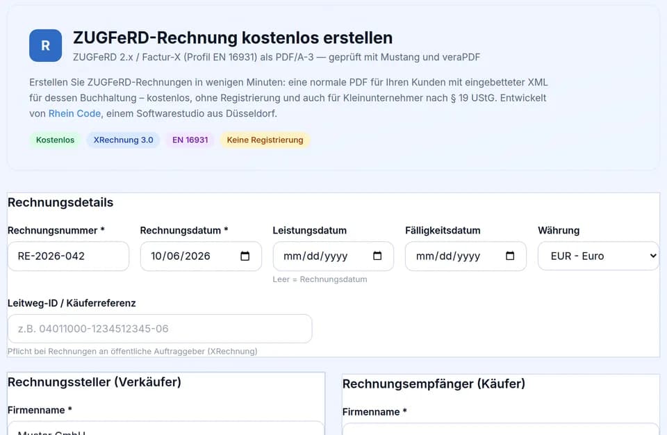 Screenshot des Formulars, mit dem man eine ZUGFeRD-Rechnung kostenlos erstellt